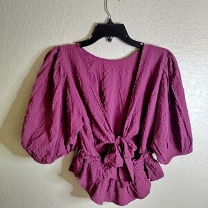 Free People Puff Sleeve Crinkle Open Back Bow Top Sz M